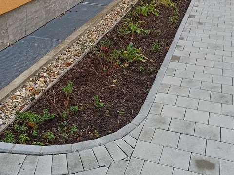 Frisch gepflegtes Beet mit Kiesstreifen und Stauden entlang eines Gebäudes am Gehweg.
