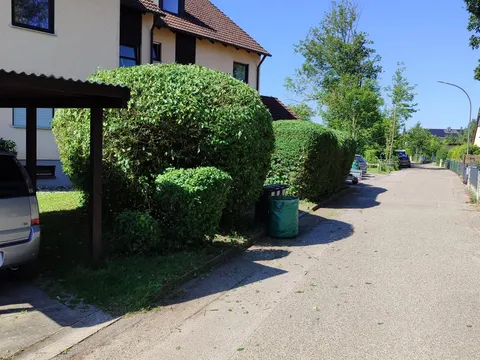 In Form geschnittene Hecken und Sträucher an einer Wohnstraße, der Grünschnitt steht abholbereit im Sack.