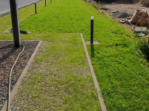 Frisch angelegter Rasen mit Rindenmulchstreifen im Innenhof einer neuen Wohnanlage.